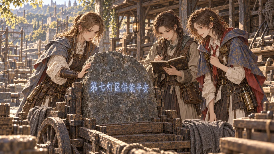 工坊料棚旁，艾琳触着归首碑，碑面答复第七灯区供能平安；苏弥记录答复，小语暂时松下肩膀。
