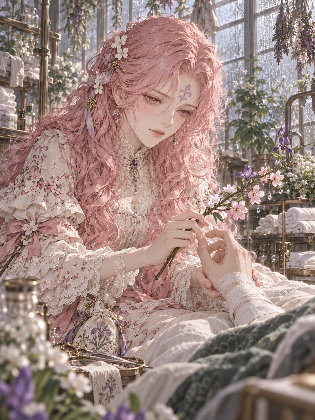 闵霁：闵霁的第二版人设插画，沿用已有角色外观，呈现独立的动作与场景。