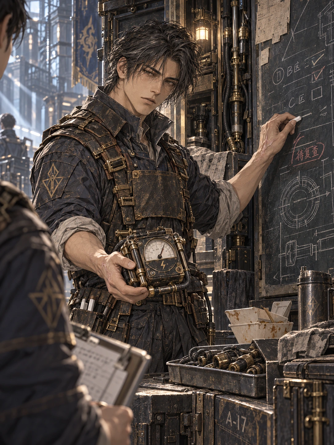顾霆：顾霆的第二版人设插画，沿用已有角色外观，呈现独立的动作与场景。