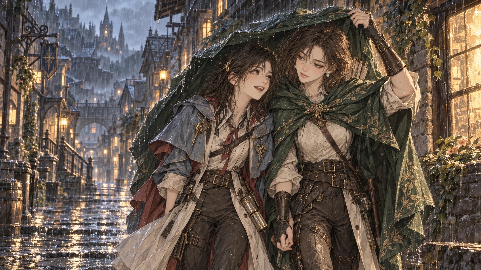 小语 × 韦侃｜傍晚的小镇突降雨水，韦侃展开绿色披风替小语遮雨。两人挤在同一片小小的干燥空间里，牵着手沿湿漉漉的石板路慢慢走着。